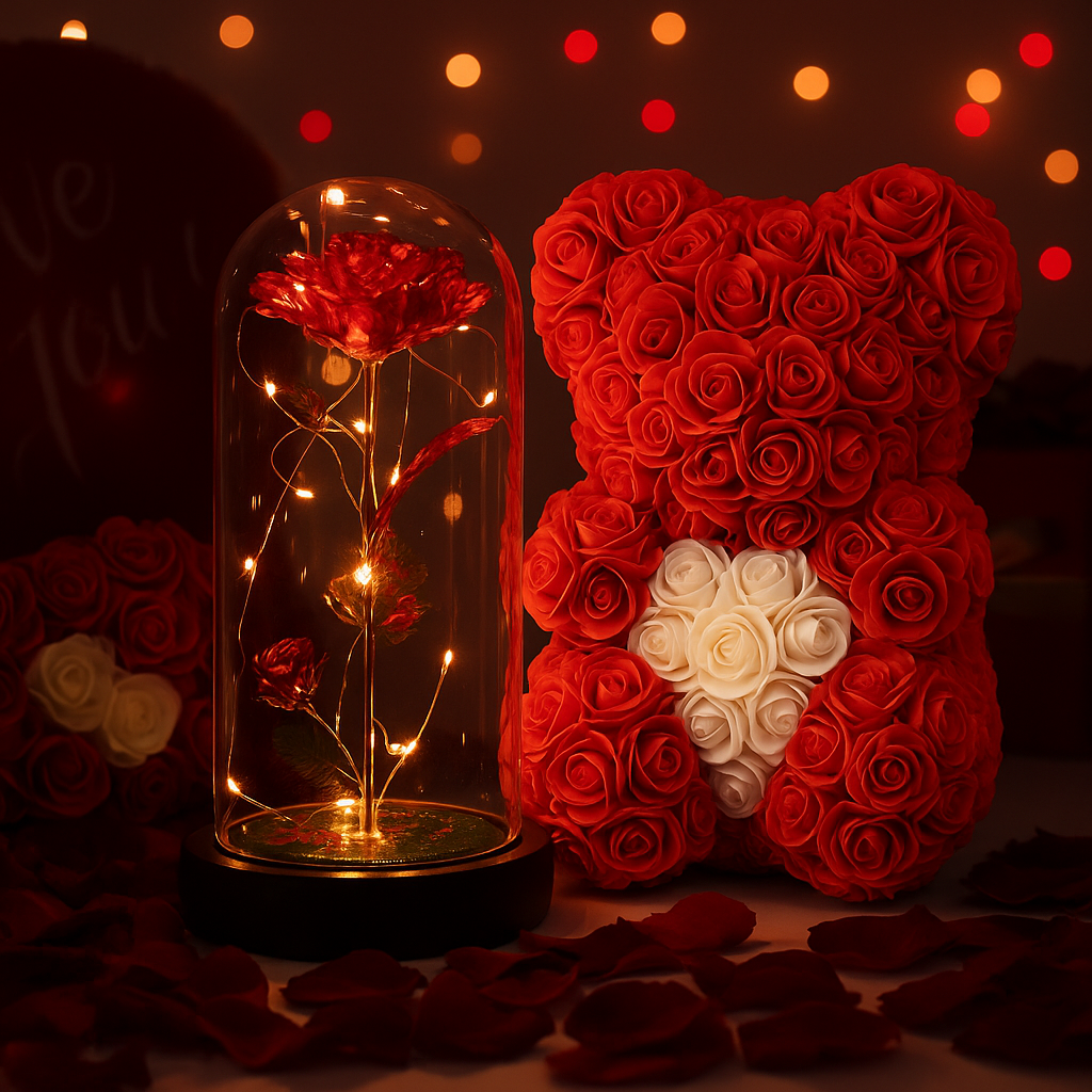 דובון ורדים עם ורד מואר